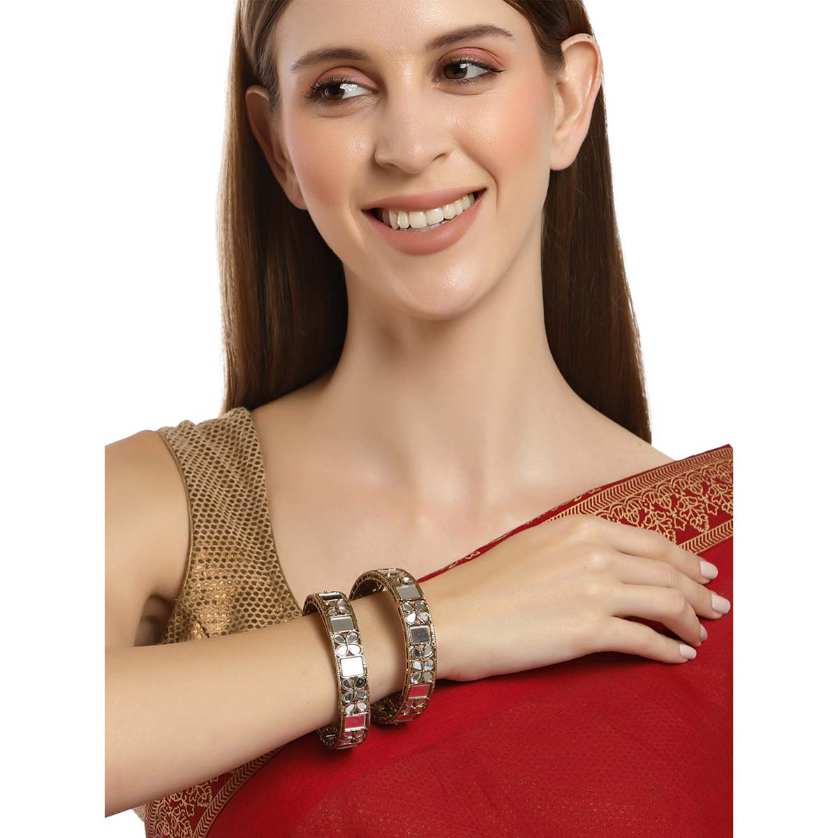 Buy Karatcart (Set Of 2) Antique Gold Plated Floral Kundan Mirror Work