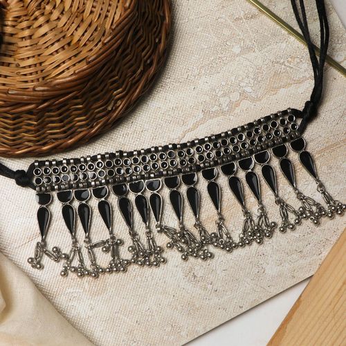 Teejh Adhira Black Silver Oxidised Choker Necklace For Women