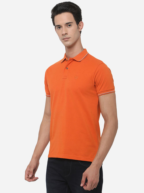 Greenfibre Mens Burnt Orange Cotton Blend Slim Fit Solid Polo T-Shirt
