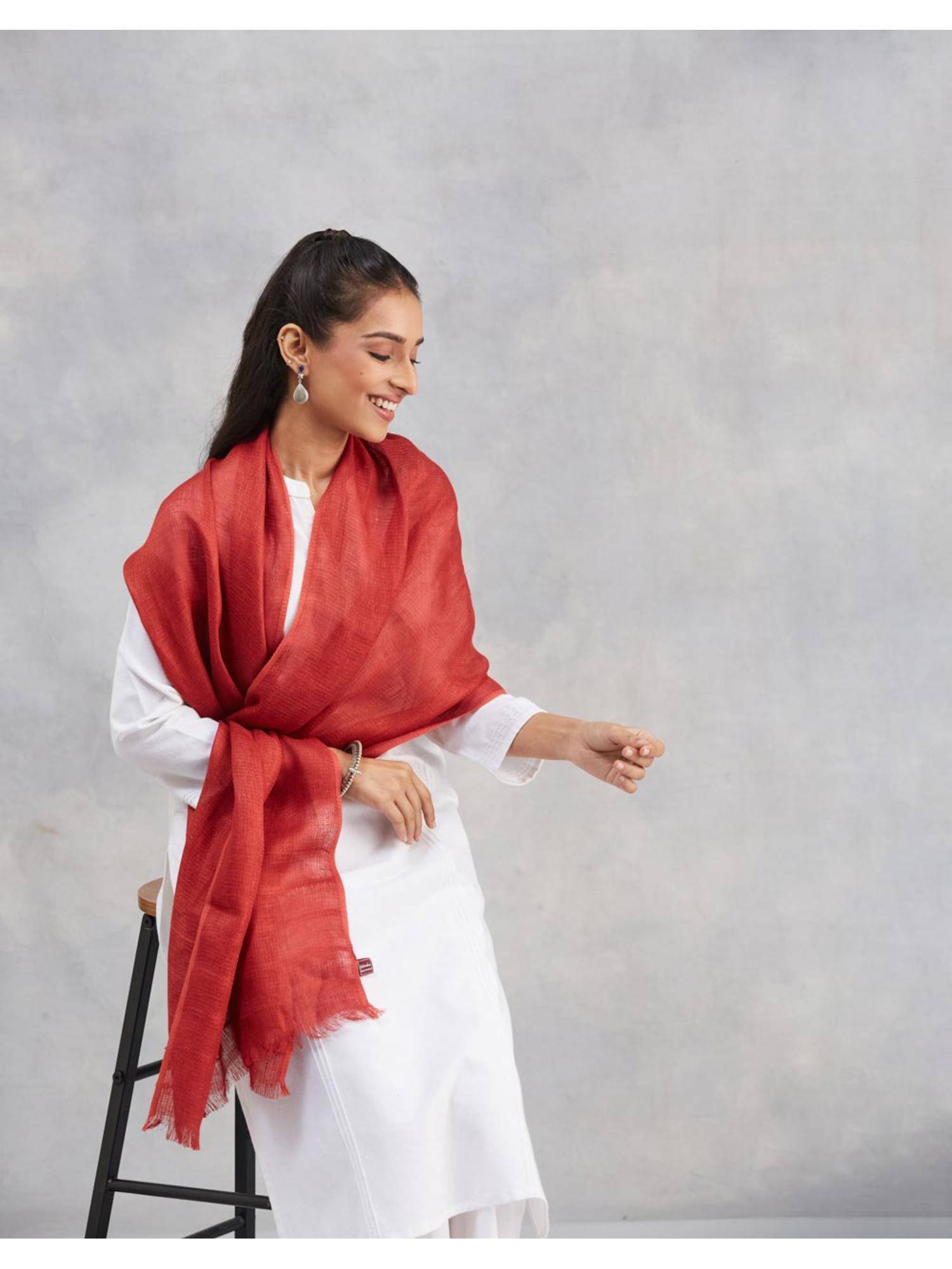 Fabindia Red Linen Woven Vine Stole