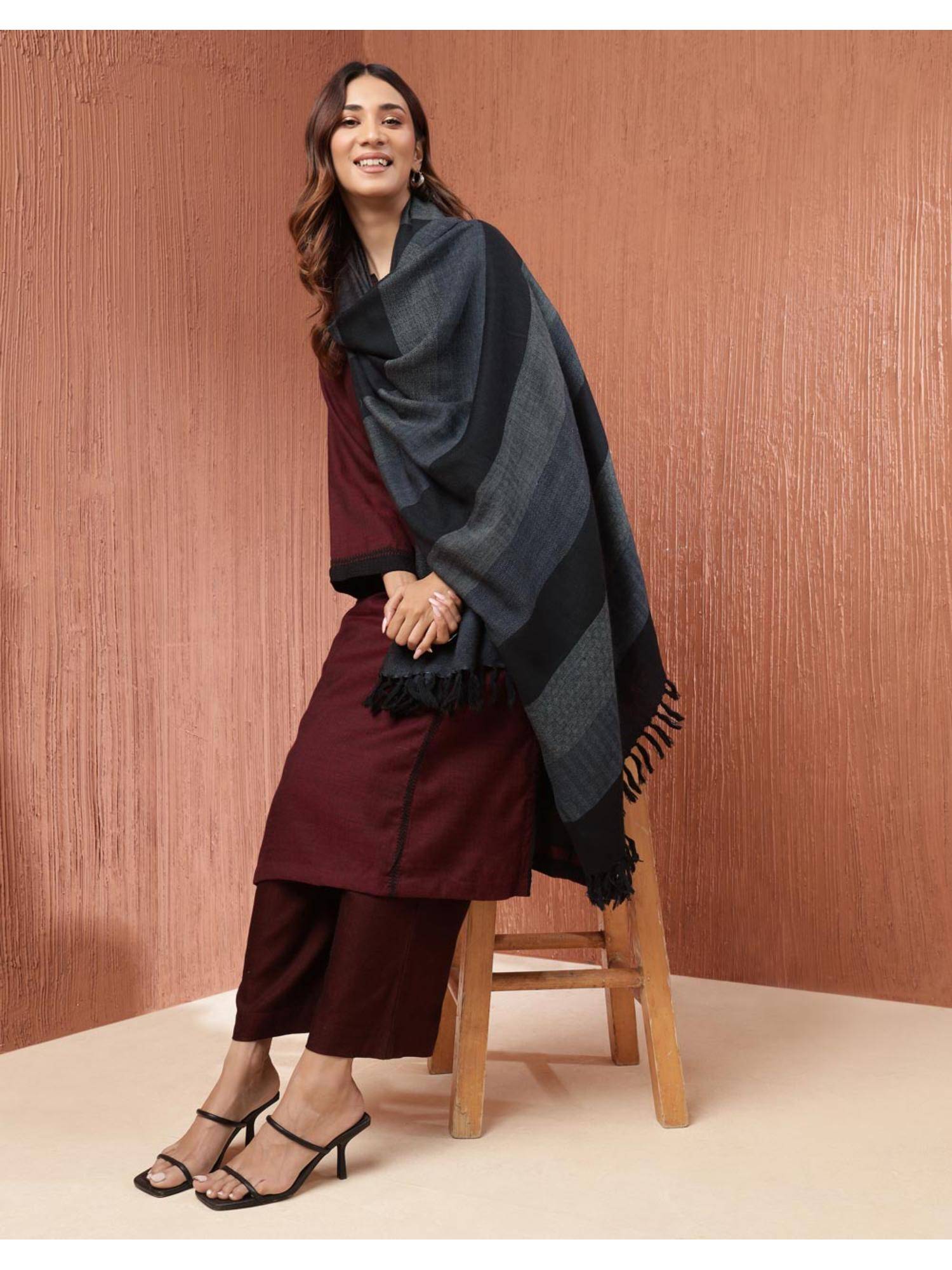 Fabindia Black Wool Hand Woven Shawl