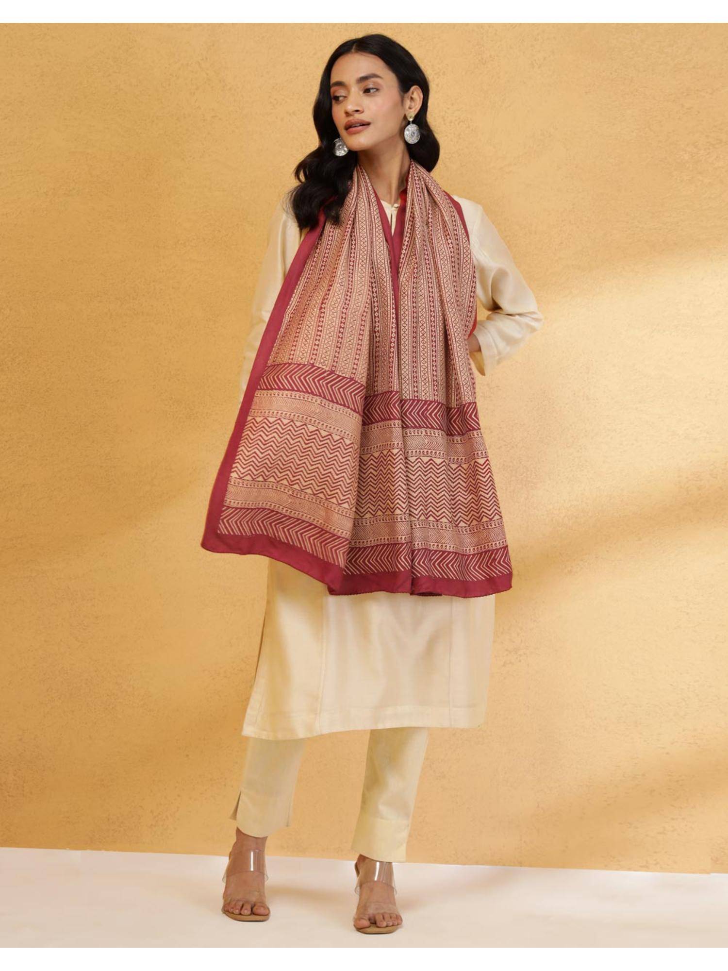 Fabindia Red Silk Bagh Printed Stole