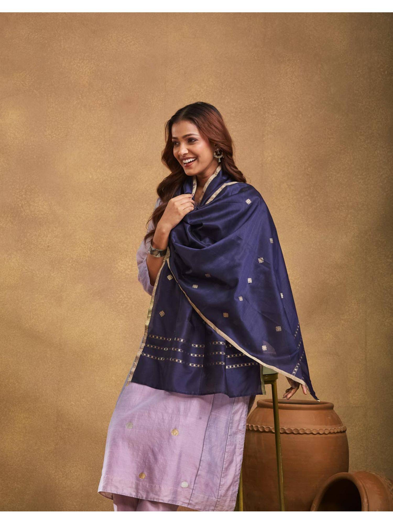 Fabindia Navy Blue Cotton Silk Blend Banarsi Stole