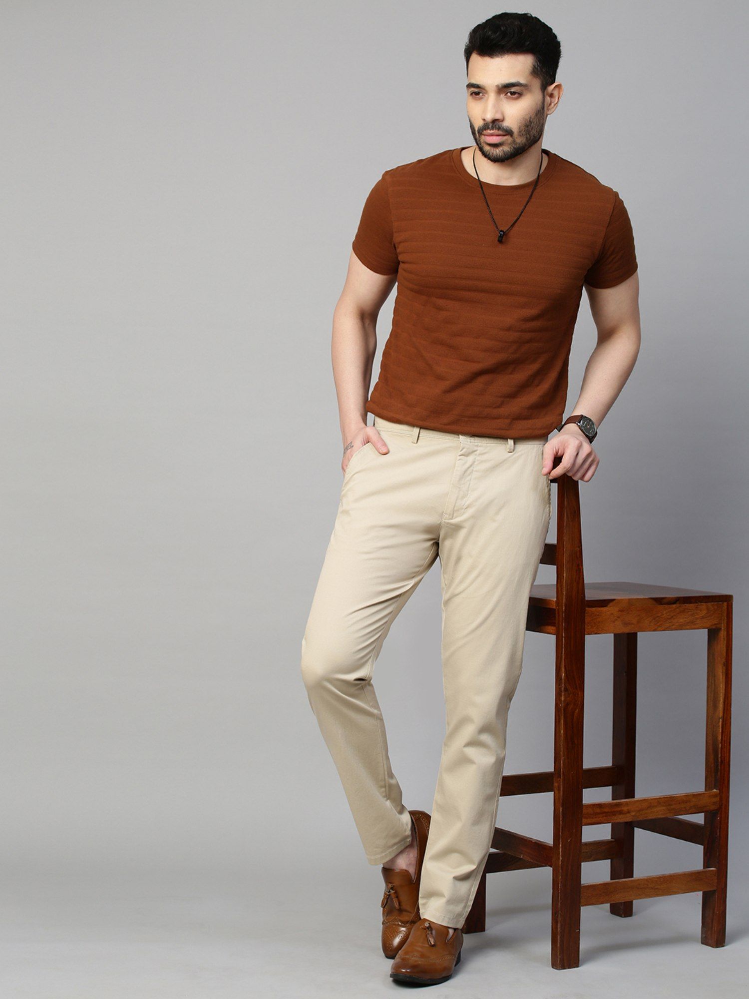 Buy GENIPS Men's Cotton Stretch Caribbean Slim Fit Solid Cream Colour  Trousers Online