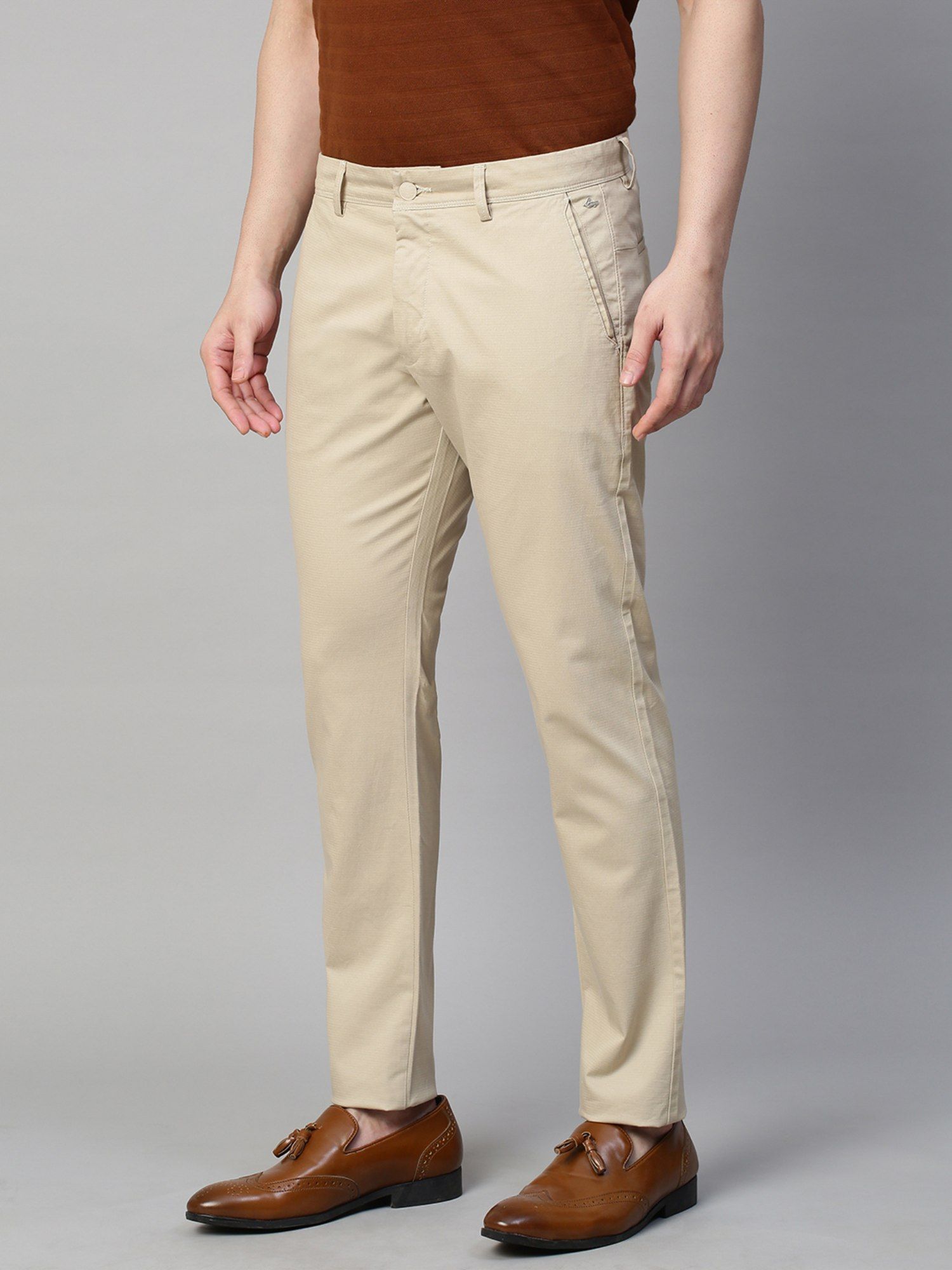 GENIPS Men's Cotton Stretch Caribbean Slim Fit Solid Cream Colour Trousers