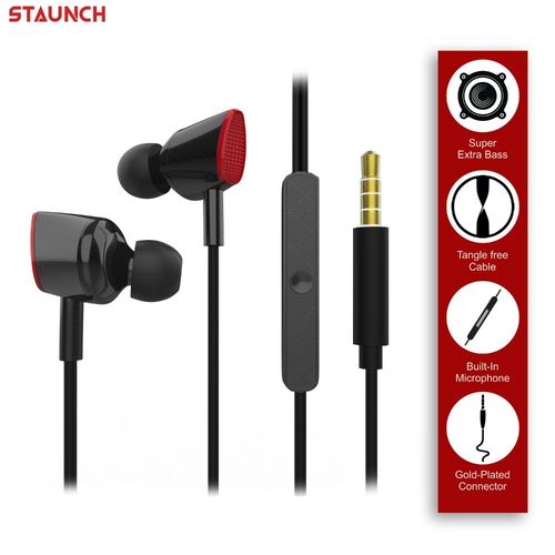 Staunch Strike 100 Wired Super Bass Earphones with Mic Gold Plated  Universal Jack (Black)