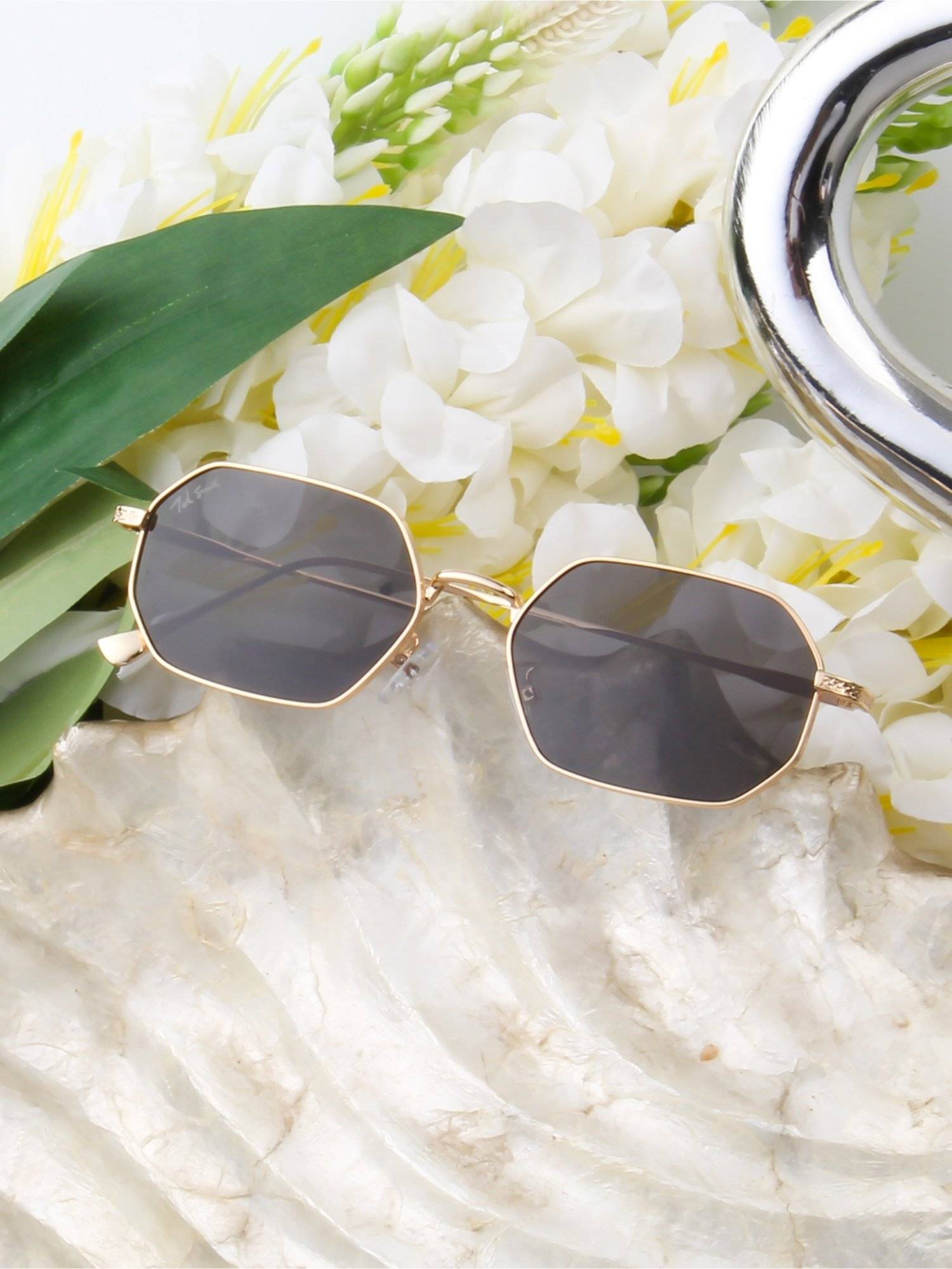 TED SMITH Unisex Irregular Gold Black Sunglasses With UV Protected Lenses