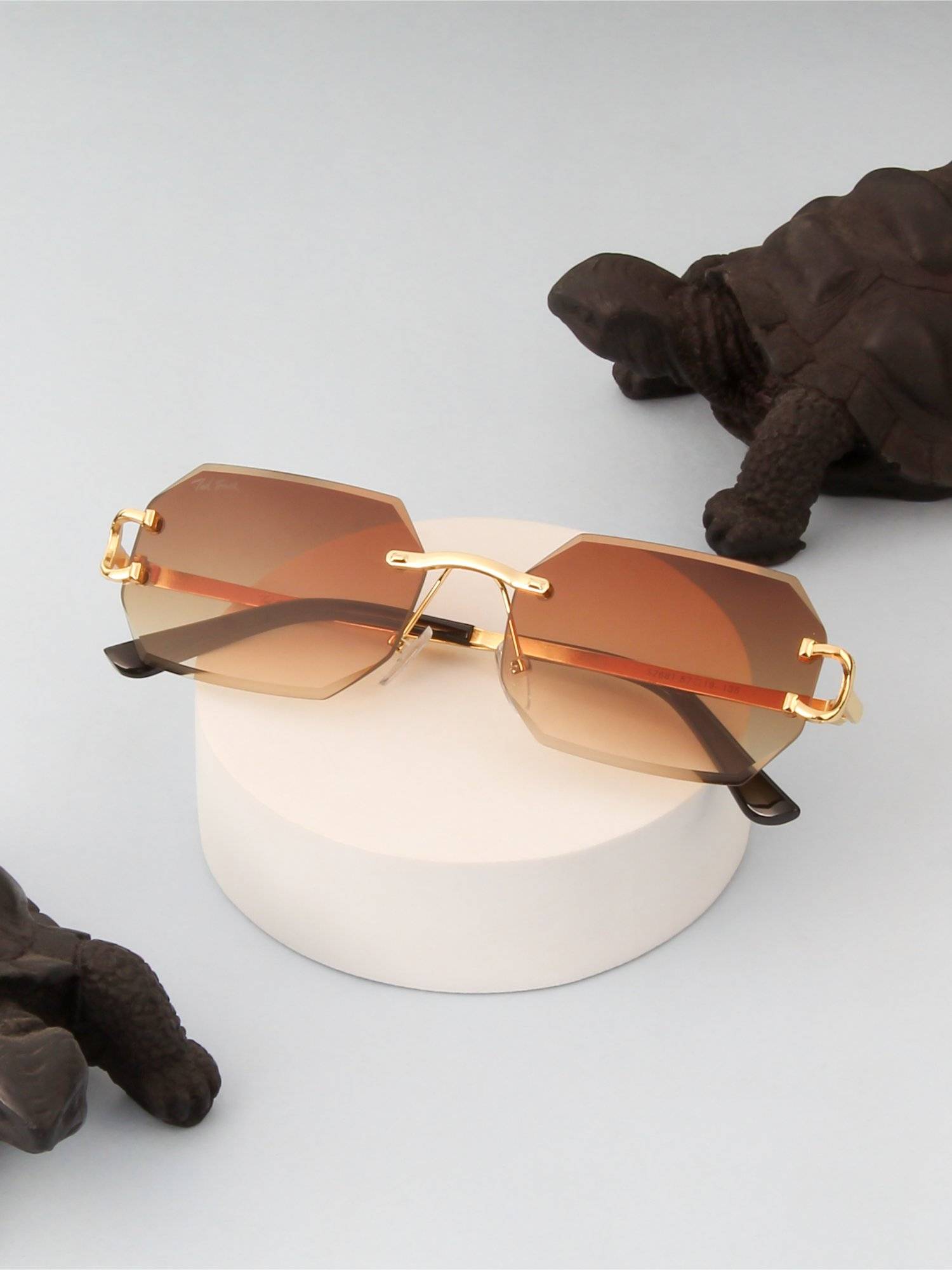 TED SMITH Unisex Rimless Octagon Gold Brown Sunglasses