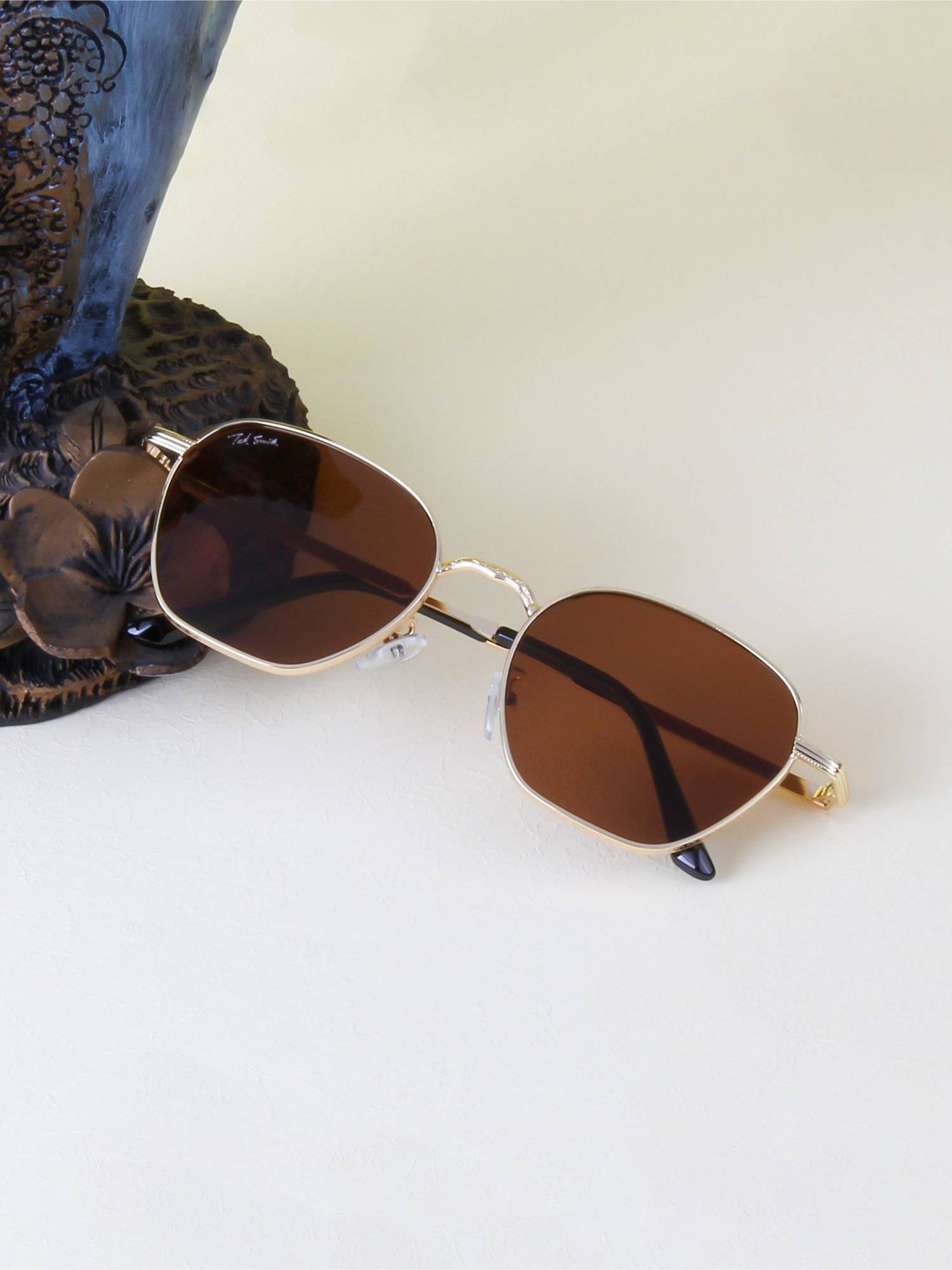 TED SMITH Unisex Irregular Gold Brown Sunglasses With UV Protected Lenses