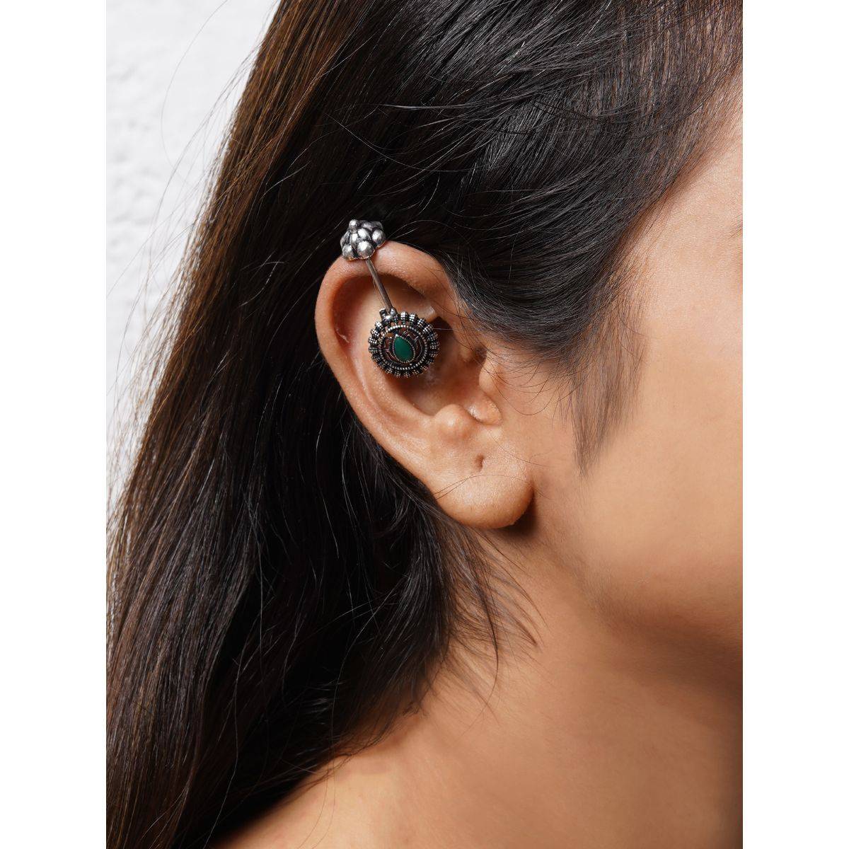 Teejh by Joker and Witch Nitara Green Stone Silver Oxidsed Clip On Bugadi for Women