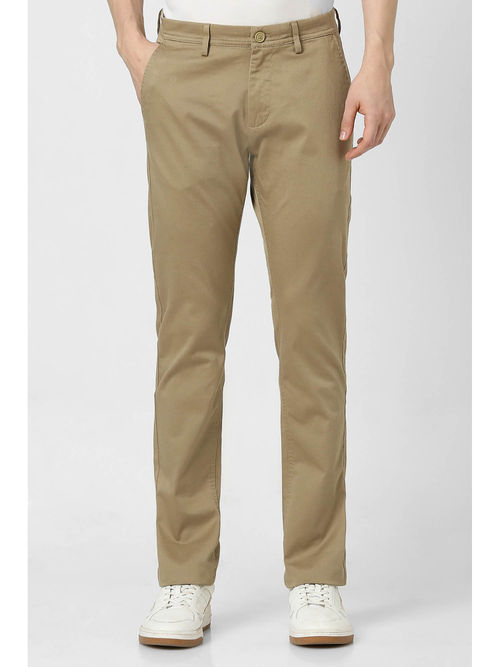 Peter England Men Khaki Solid Slim Fit Casual Trousers