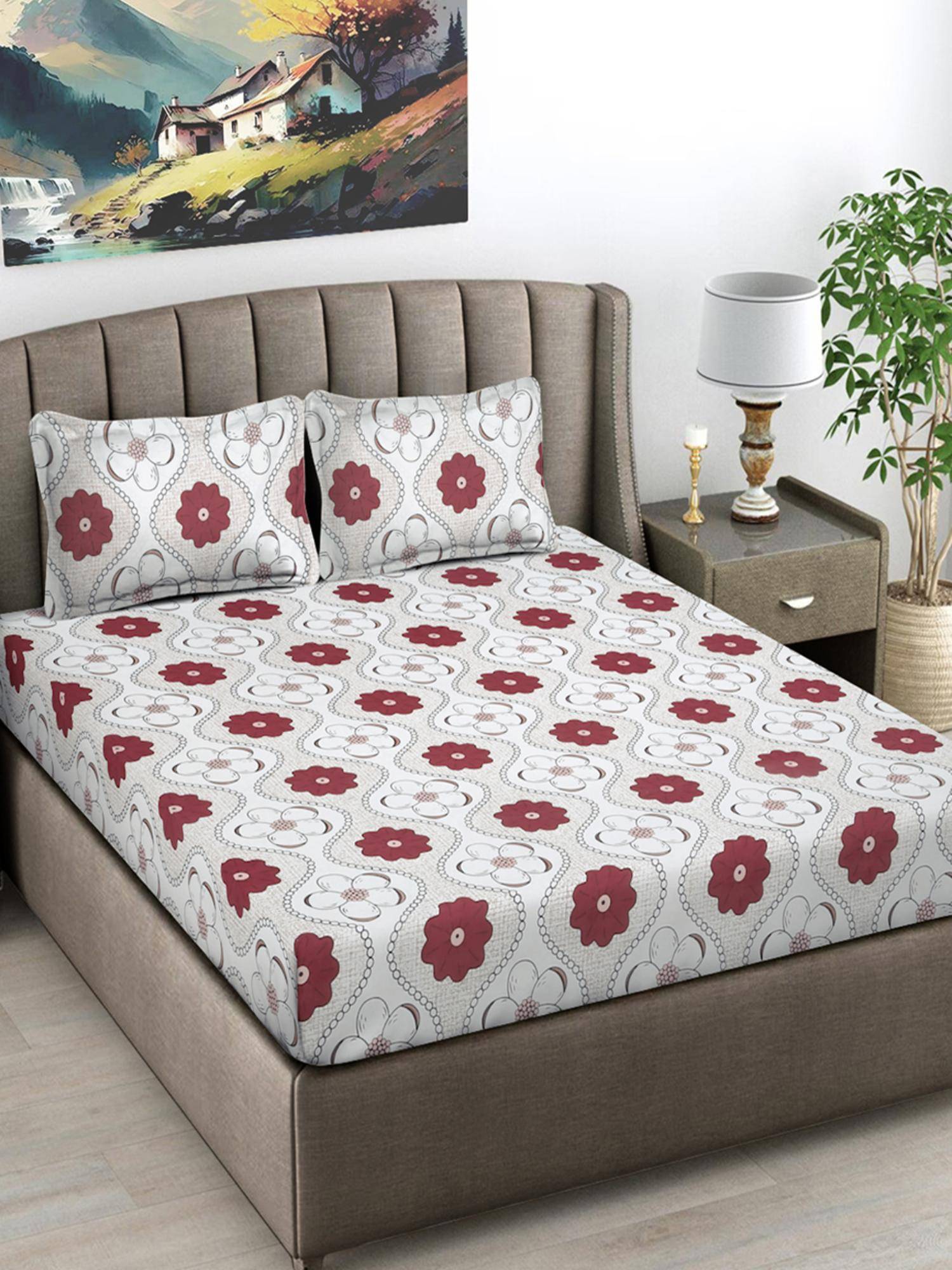 FABINALIV Multi-Color Floral 300 TC Cotton Blend King Bedsheet with 2 Pillow Covers