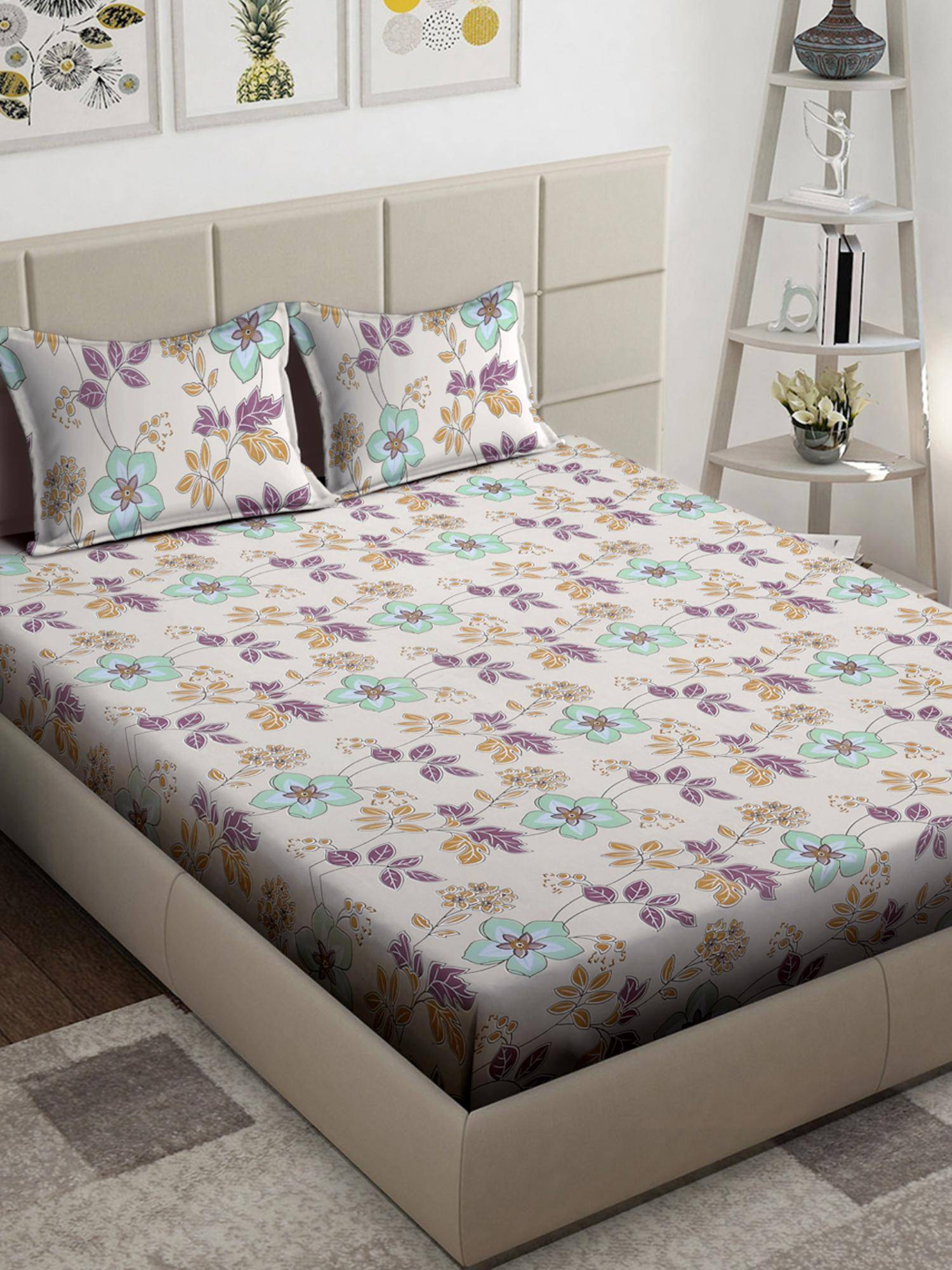 FABINALIV Multi-Color Floral 300 TC Cotton Blend King Bedsheet with 2 Pillow Covers