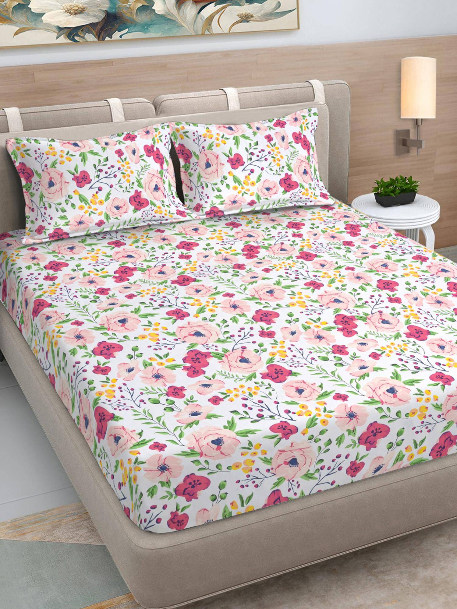 FABINALIV Multi-Color Floral 300 TC Cotton Blend King Bedsheet with 2 Pillow Covers