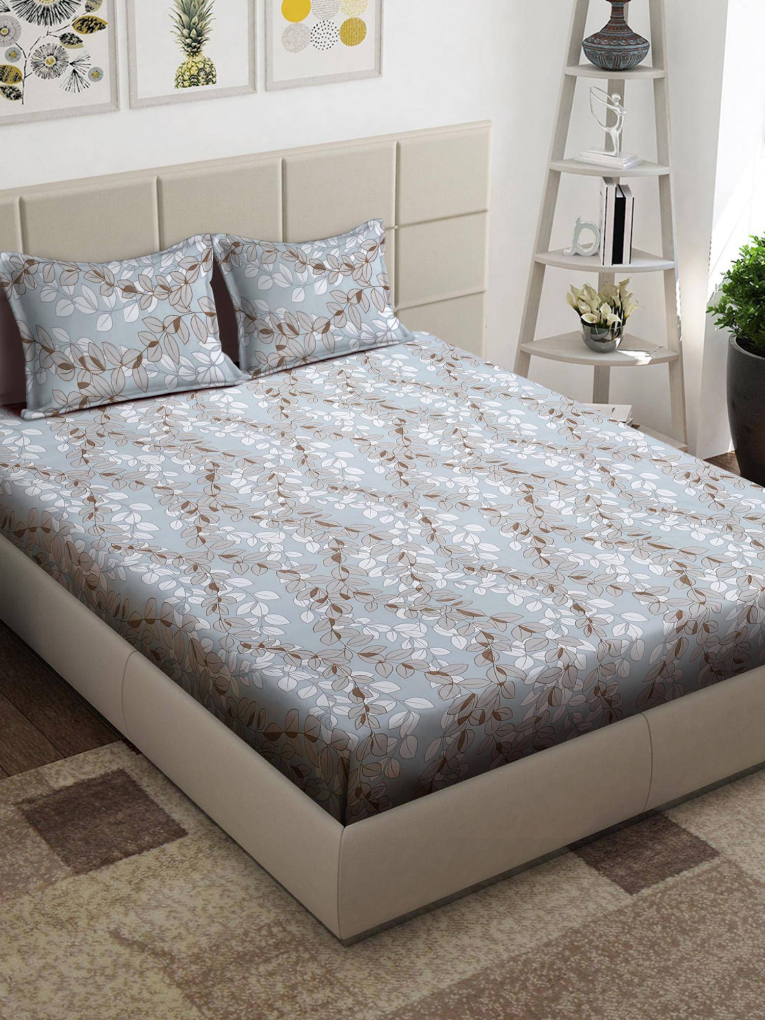 FABINALIV Multi-Color Floral 300 TC Cotton Blend King Bedsheet with 2 Pillow Covers
