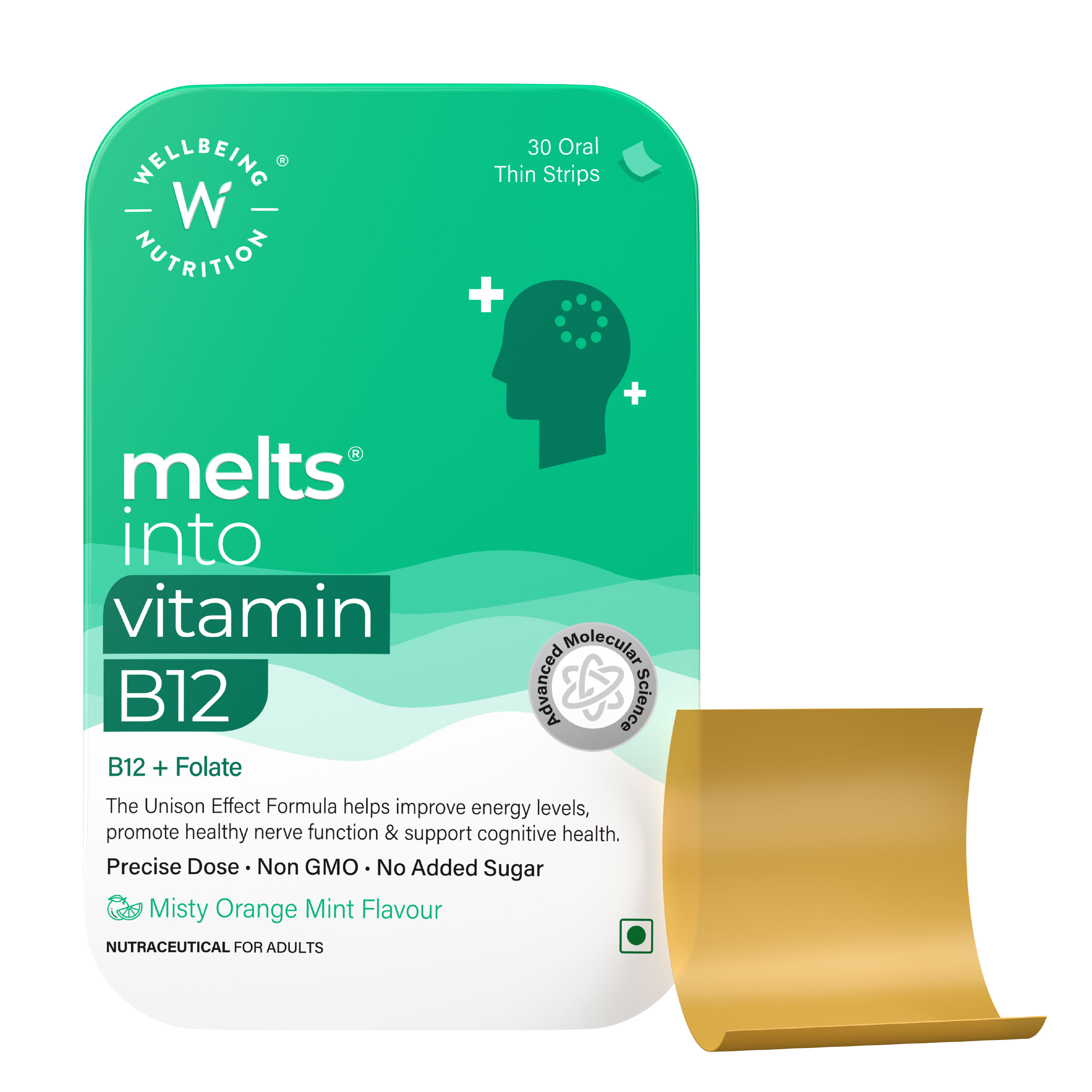 Wellbeing Nutrition Melts Vitamin B12, Folate, Orange Mint Flavour, Memory, Brain, Heart