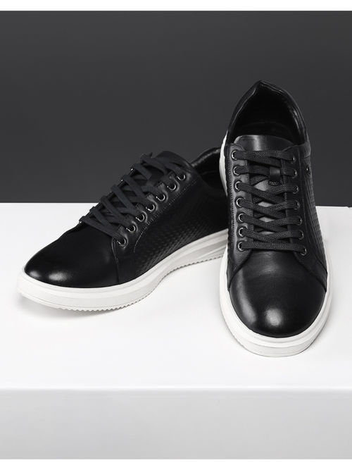 Monte Carlo Mens Black Solid Lace Up Genuine Leather Casual Sneakers
