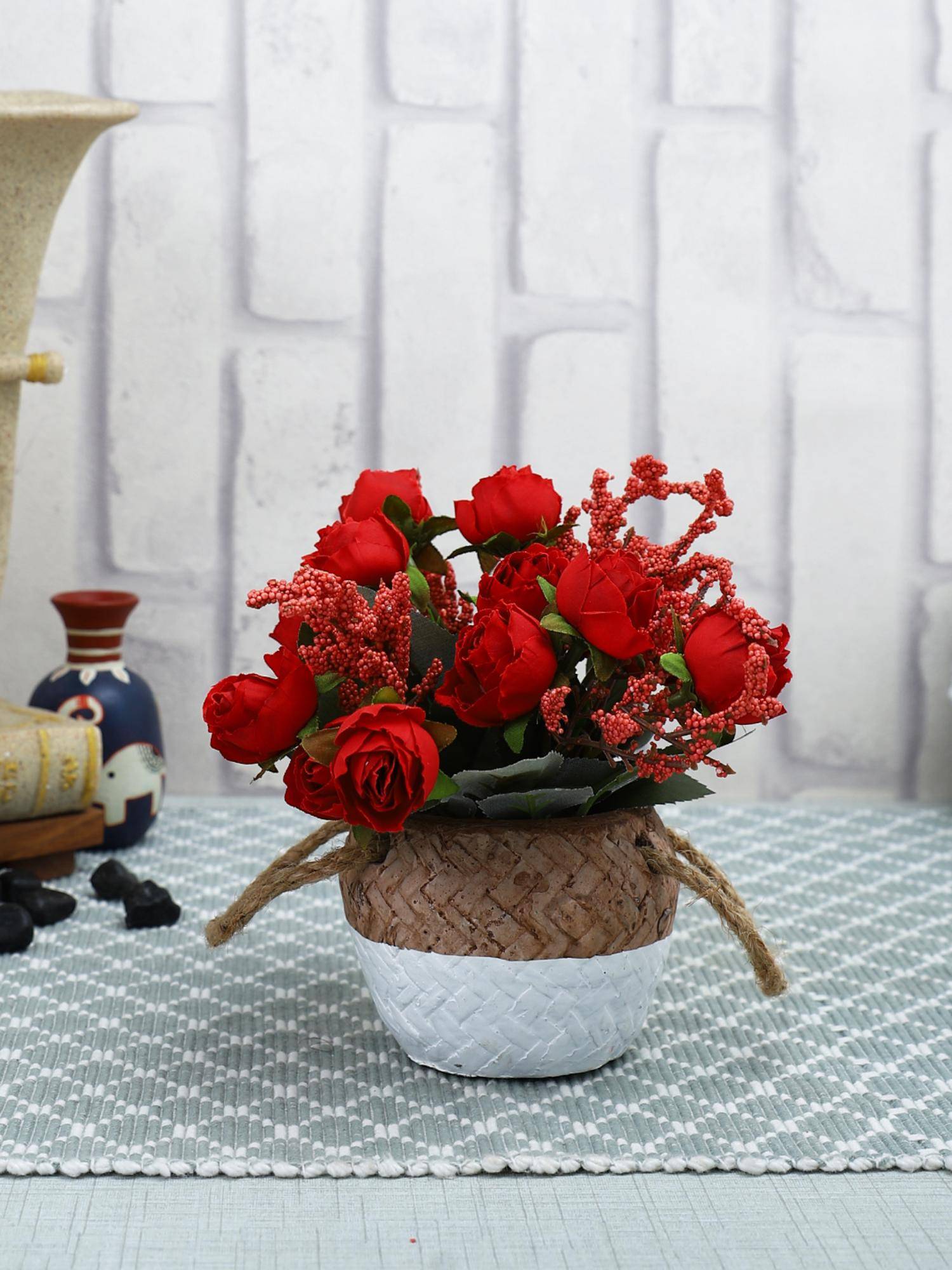 Tayhaa Brown Artificial Rose Plant with Ceramic Pot