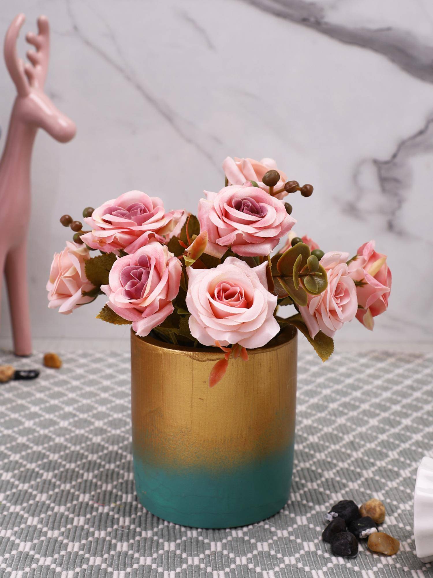 Tayhaa Gold Artificial Rose Plant with Ceramic Pot
