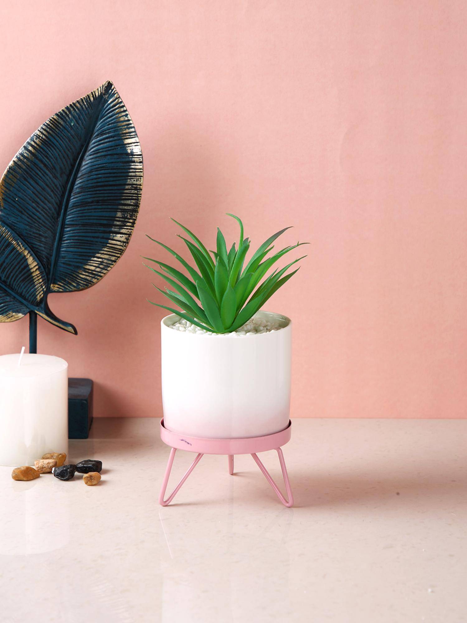 Tayhaa Pink Attractive Faux Plant with Dual Shade Ceramic Pot with Stand