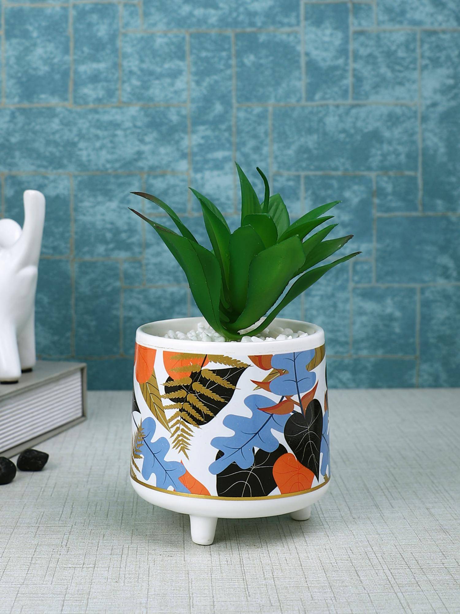Tayhaa White Attractive Aloe Vera Plant with Leafy Print Ceramic Pot