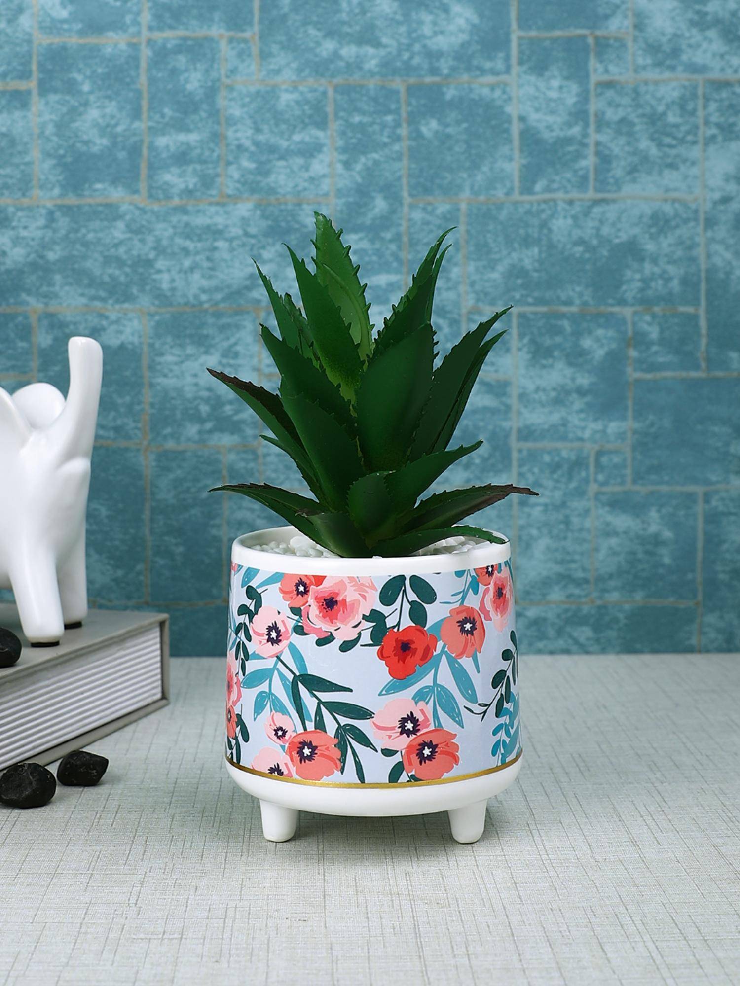Tayhaa Blue Attractive Aloe Vera Plant with Flowers Print Ceramic Pot