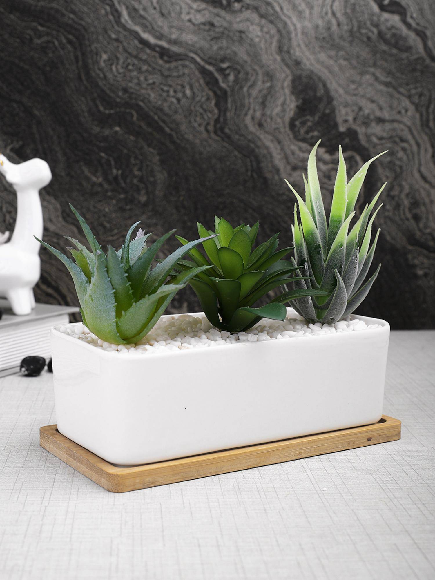 Tayhaa White Artificial Faux Plants Ceramic Pot with Wooden Plate