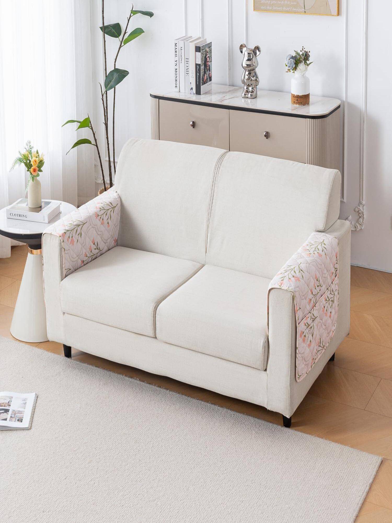 House of Quirk Cream Mat Leaf Pattern Chenille Fabric Seater Sofa Cover - Gulbahar (Pack of 2)