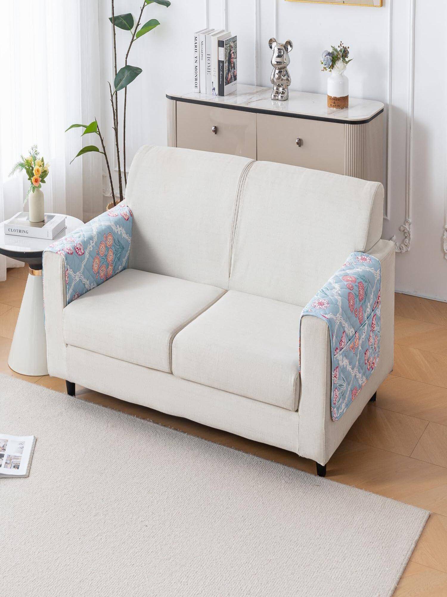 House of Quirk Blue Mat Leaf Pattern Chenille Fabric Seater Sofa Cover - Gulshan Sky (Pack of 2)