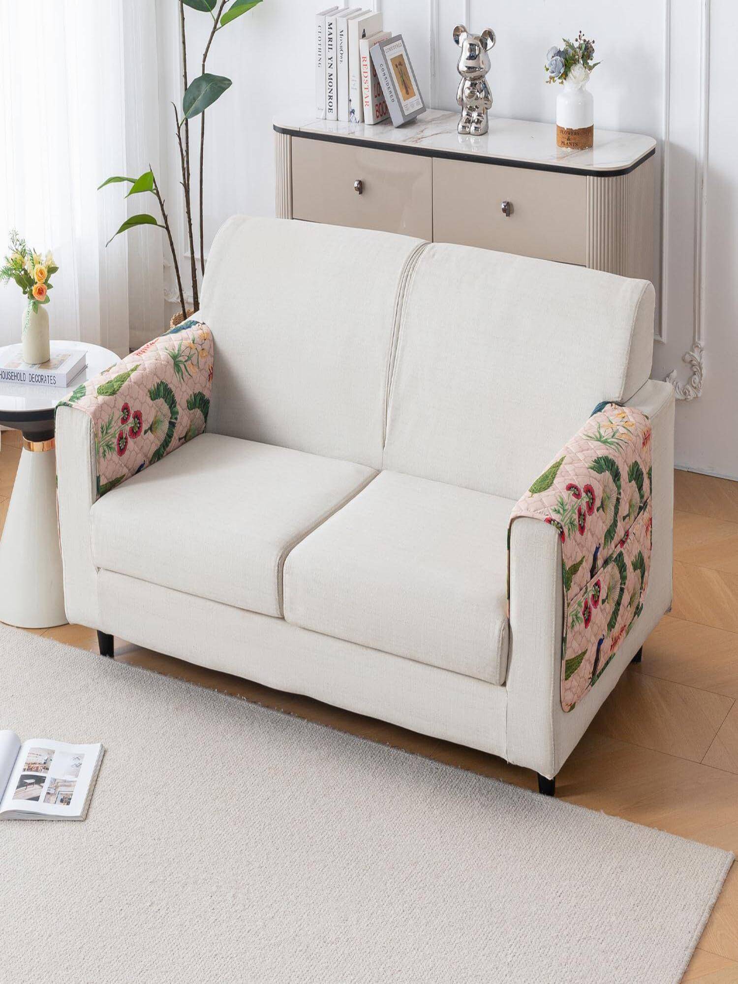 House of Quirk Peach Mat Leaf Pattern Chenille Fabric Seater Sofa Cover - Royal Peacock (Pack of 2)