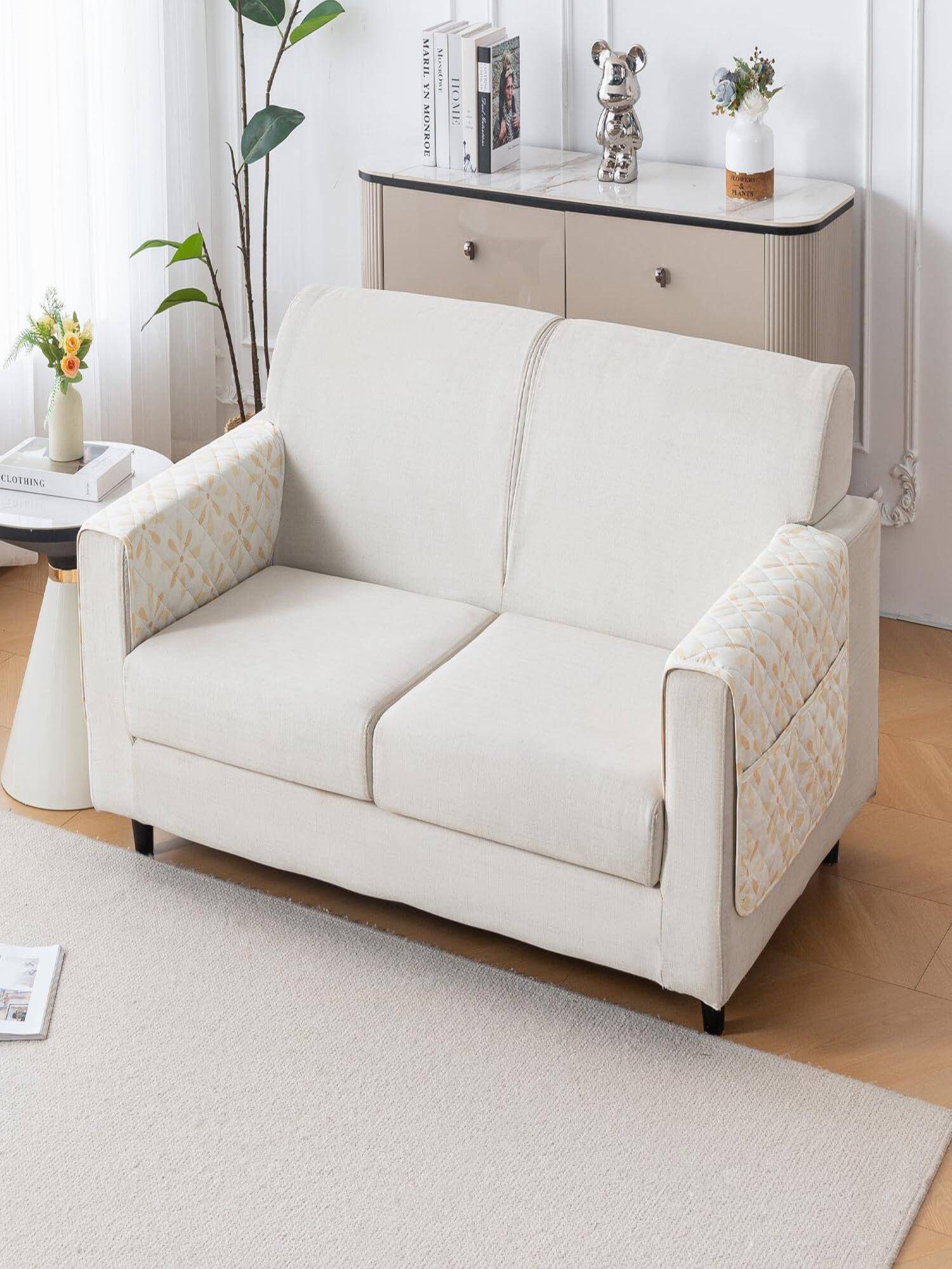 House of Quirk White Mat Leaf Pattern Chenille Fabric Seater Sofa Cover - Sunny Bloom (Pack of 2)