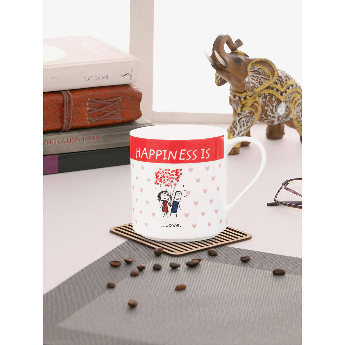 CLAY CRAFT Happiness Is "Love" Printed Fine Ceramic Milk Mug, 2Pc, 300ml