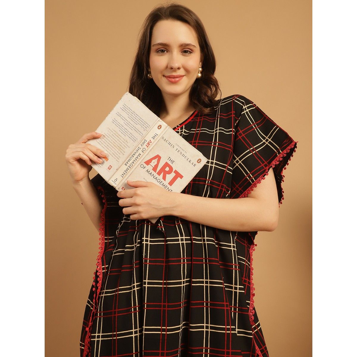 Buy Secret Wish Black Checks Print Cotton Kaftan Nighty Online