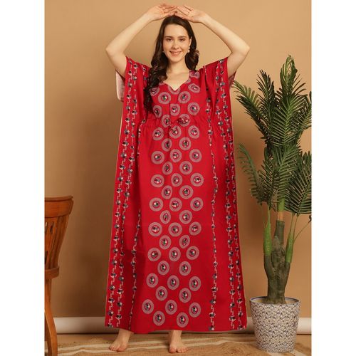 Secret Wish Red Polka Dot Print Cotton Kaftan Nighty - Main Image