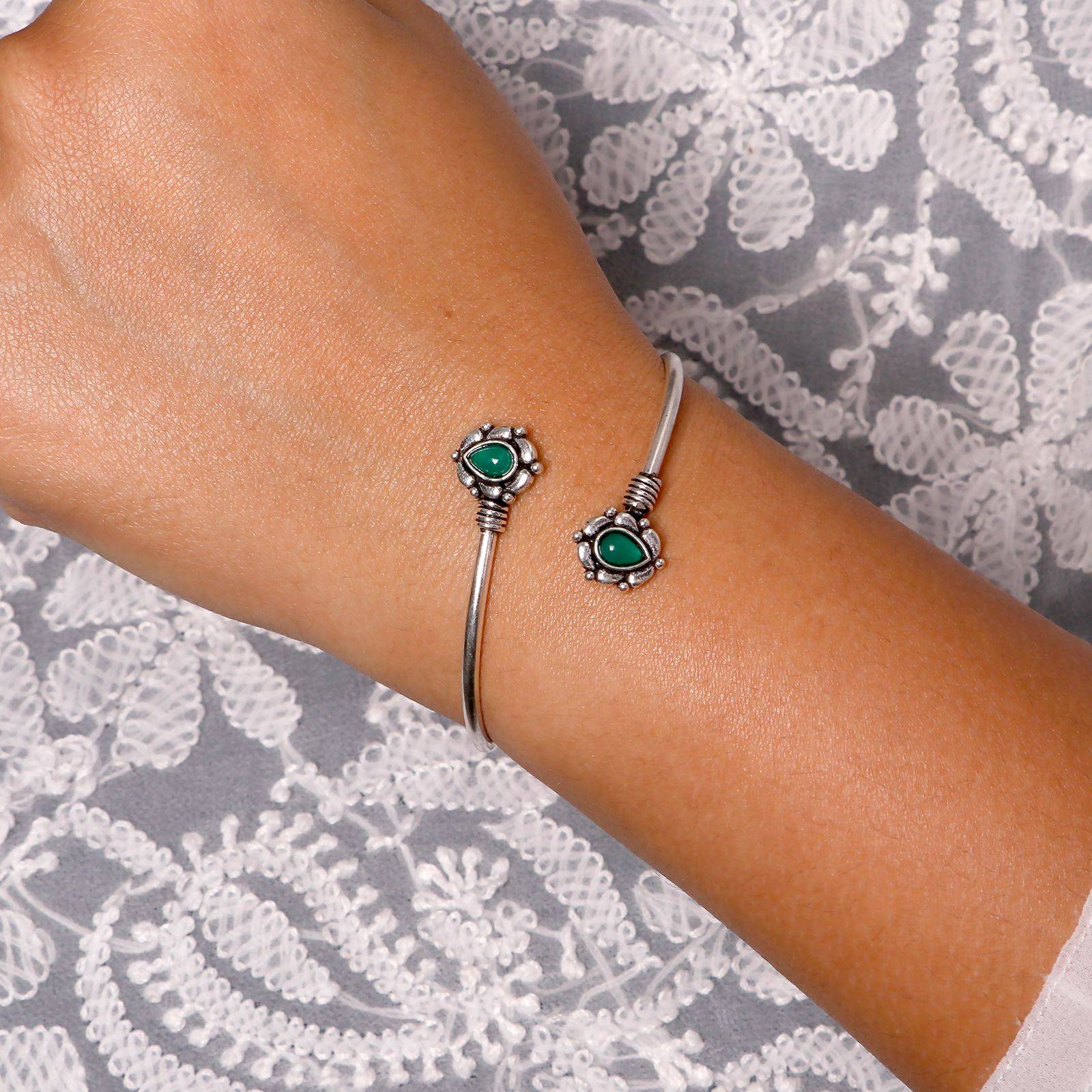 Teejh Aparna Green Leaf Silver Oxidized Bracelet for Women