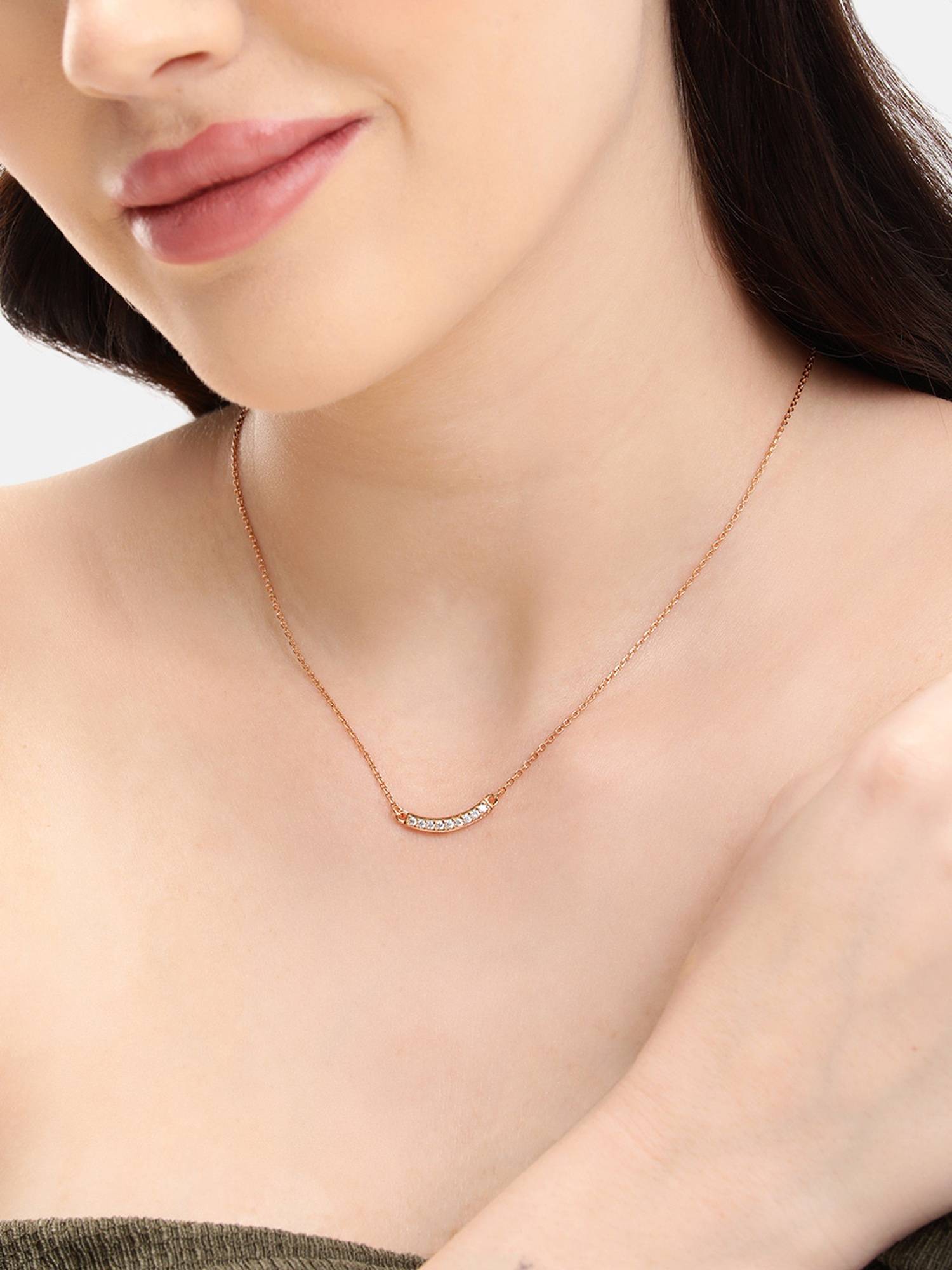 Carlton London 18KT Rose Gold Plated Dainty Curved CZ Studded Bar Necklace