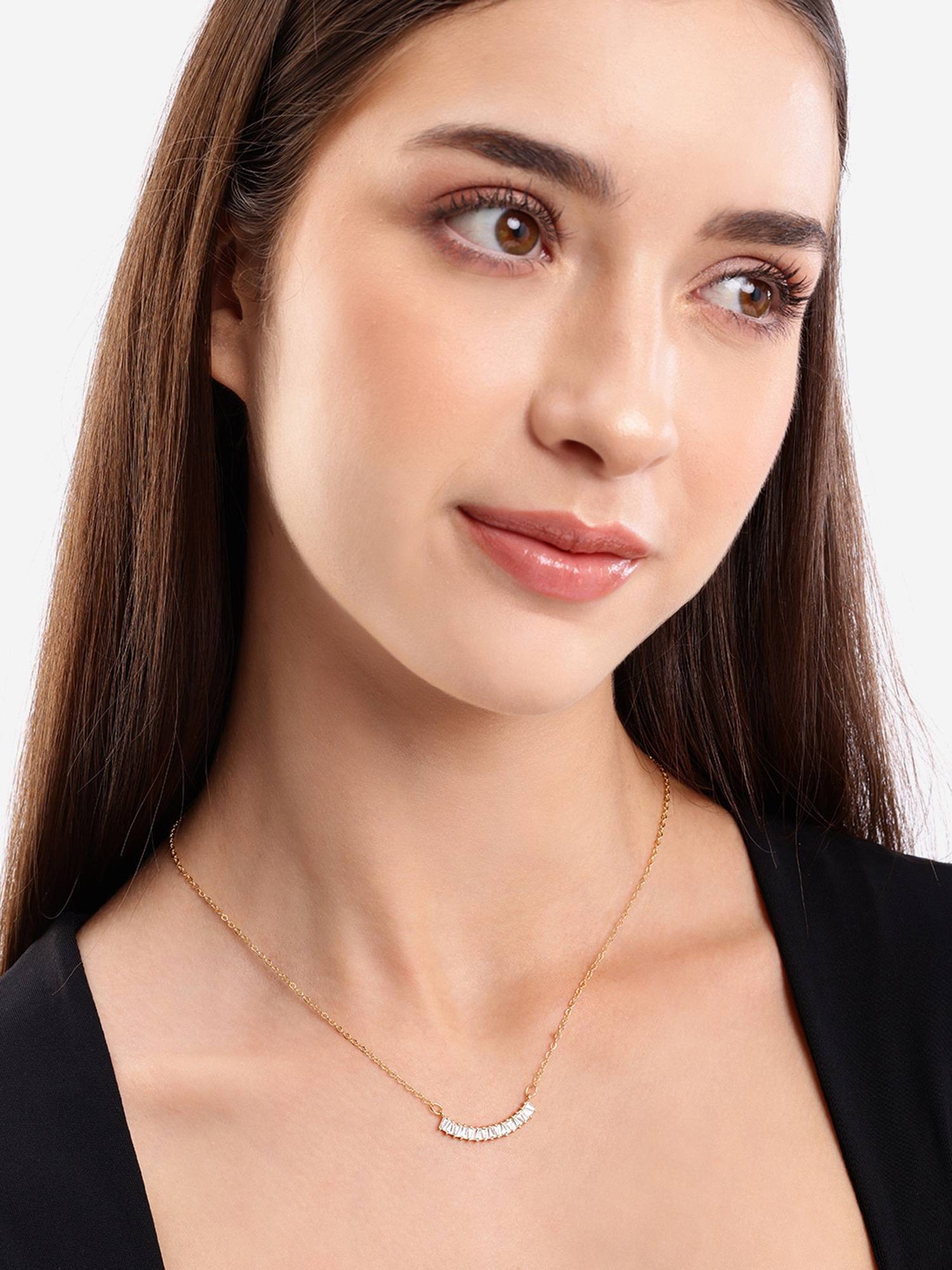 Carlton London Gold Plated Designer Tapered Baguette Studded Curved Bar Necklace