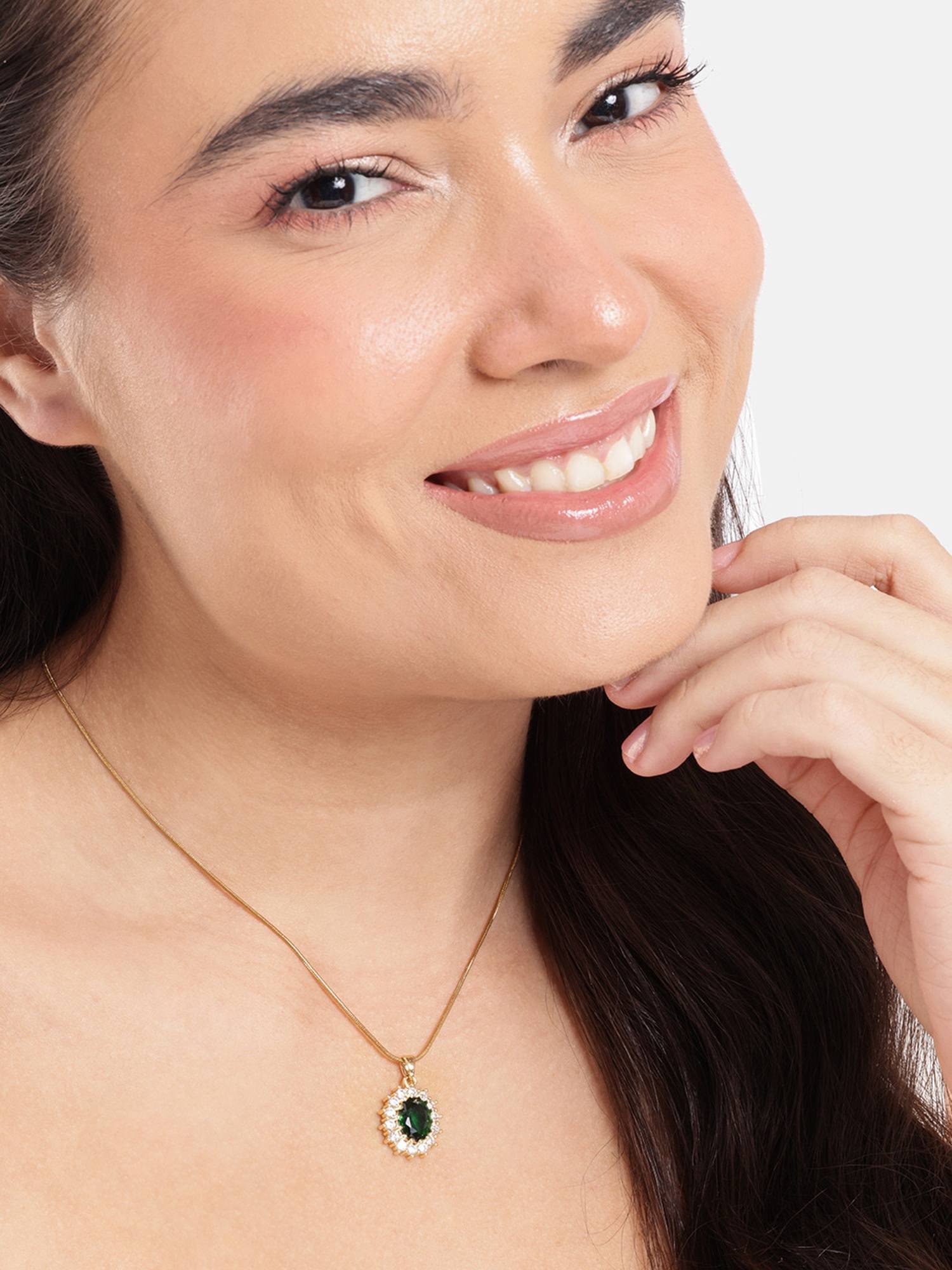 Carlton London Gold Plated Emerald Green CZ Solitaire and Studded Halo Pendant with Chain