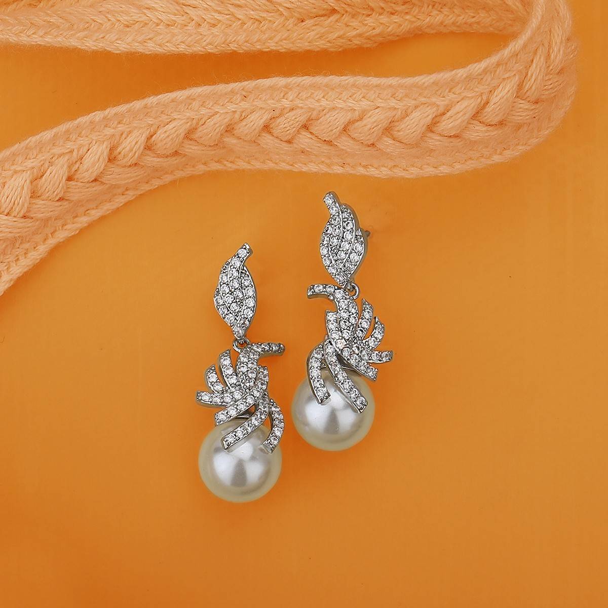 Carlton London Premium Silver & White Toned Pearls Studded Rhodium-Plated Contemporary Drop Earrings