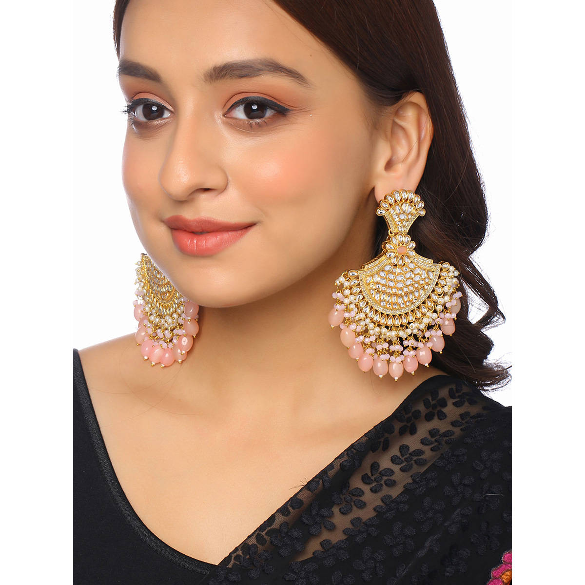 VIRAASI Gold Plated Pink Pearl Kundan Beaded Ethnic Dangle Earring