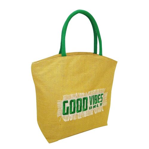Earth Bags Good Vibes Only Jute Tote Bag With Zipper And Pocket