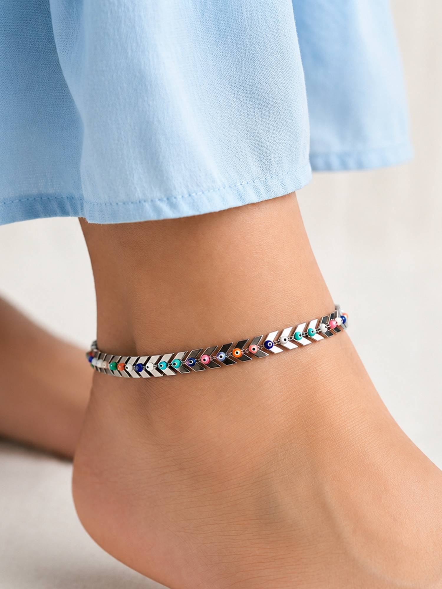 ARTKLIM Silver Evil Eye Chain Multi-Color Anklet for Women