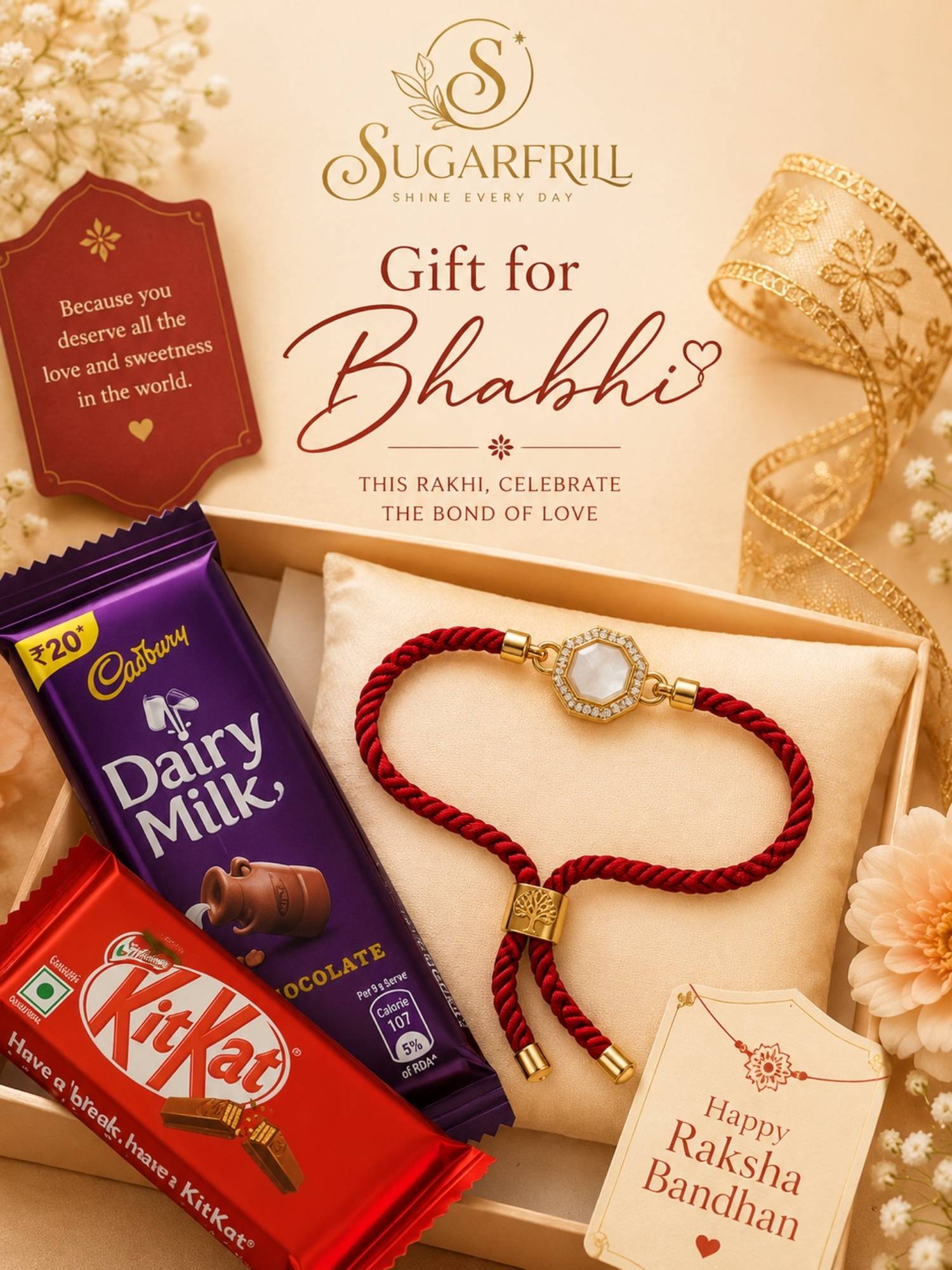 SUGARFRILL American Diamond Lumba Rakhi for Bhabhi with Braided Adjustable Thread