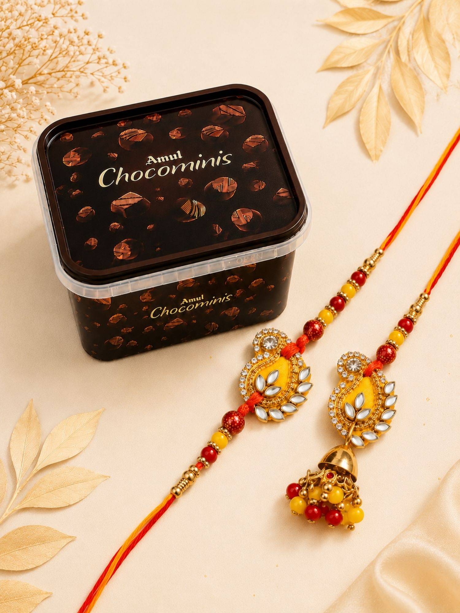 VIRAASI Red Thread Bhaiya Bhabhi Kundan Rakhi Set