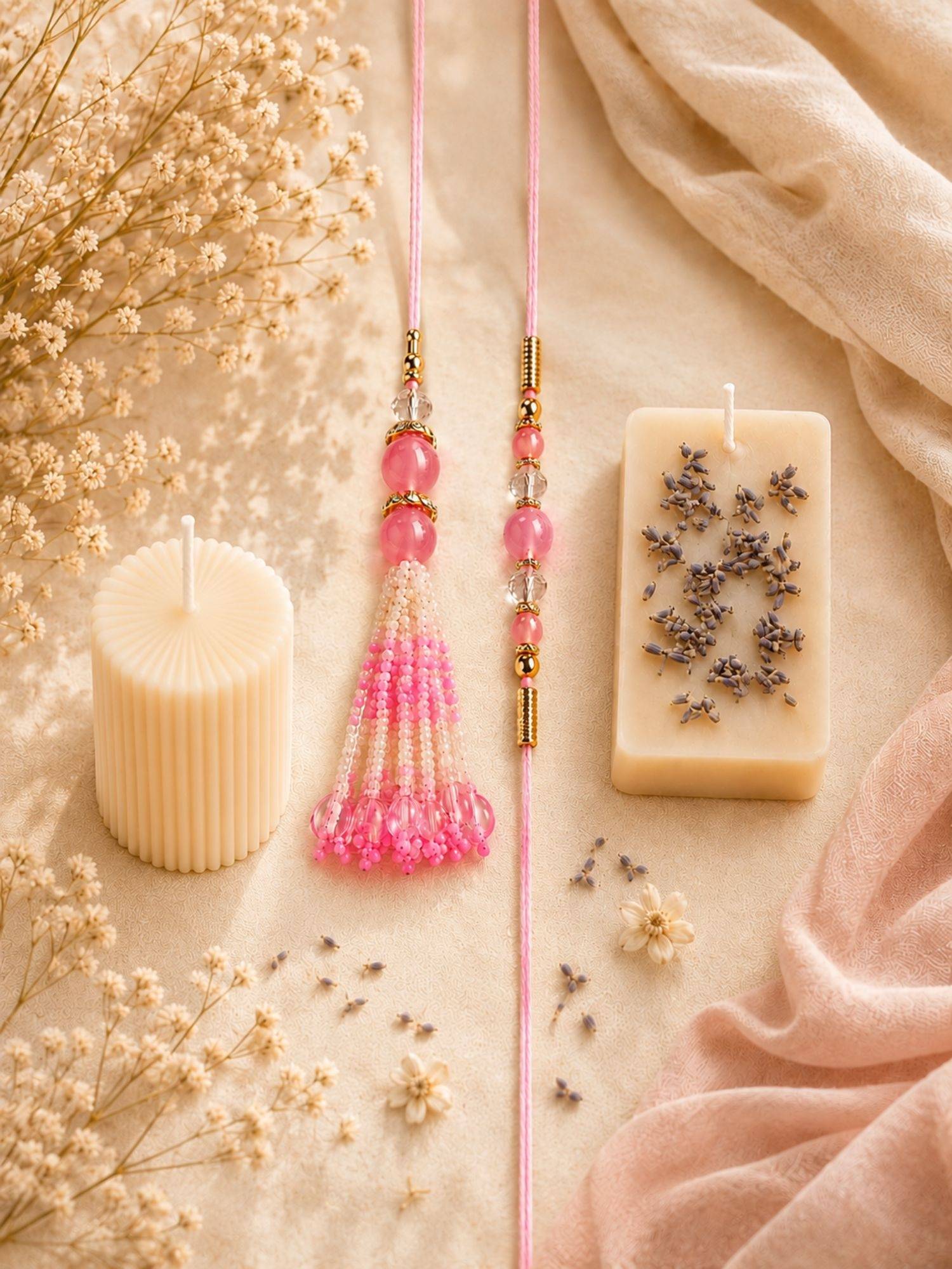 VIRAASI Pink Thread Bhaiya Bhabhi Kundan Rakhi Set