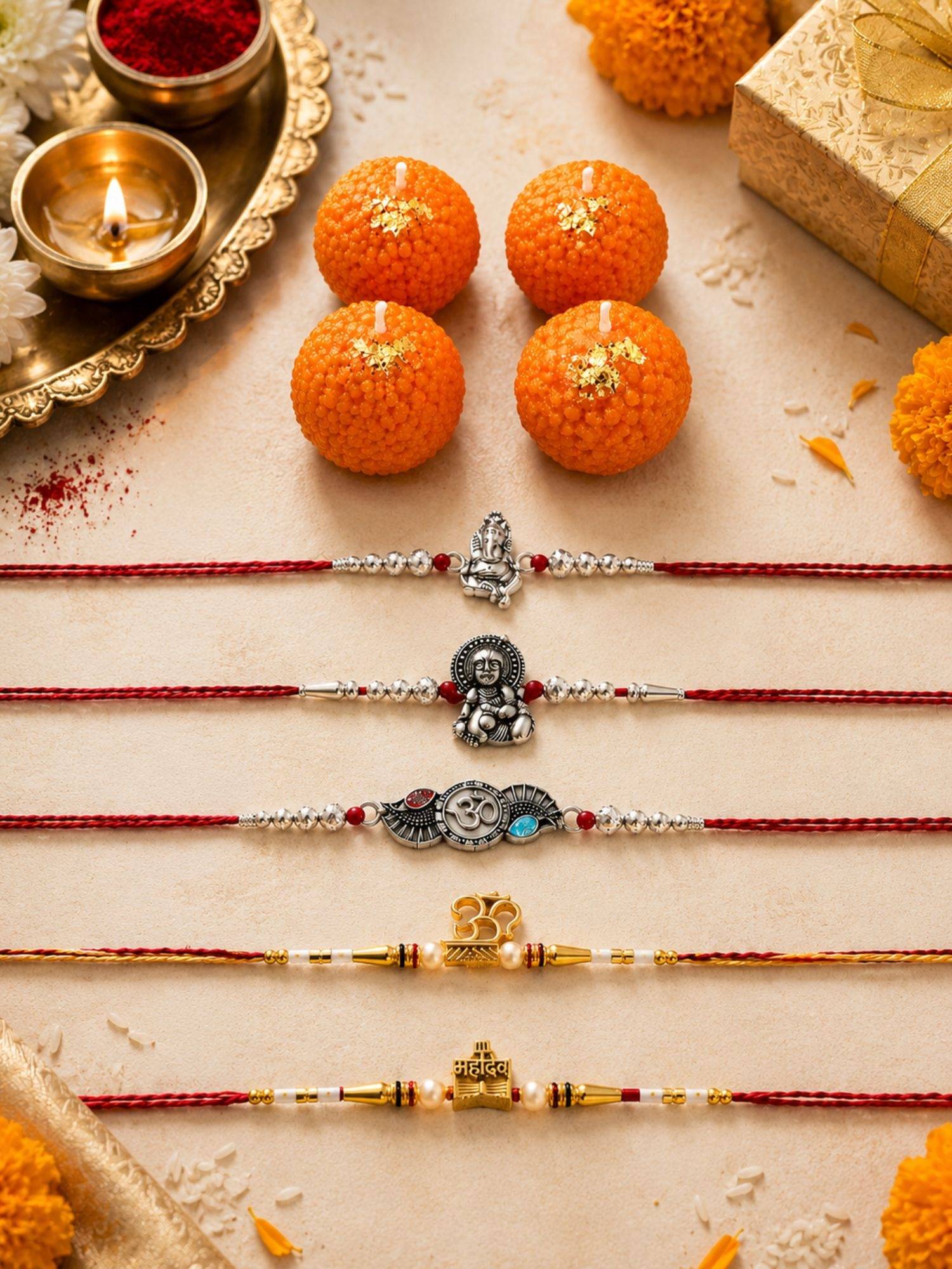 VIRAASI Red Thread Temple Rakhi Set