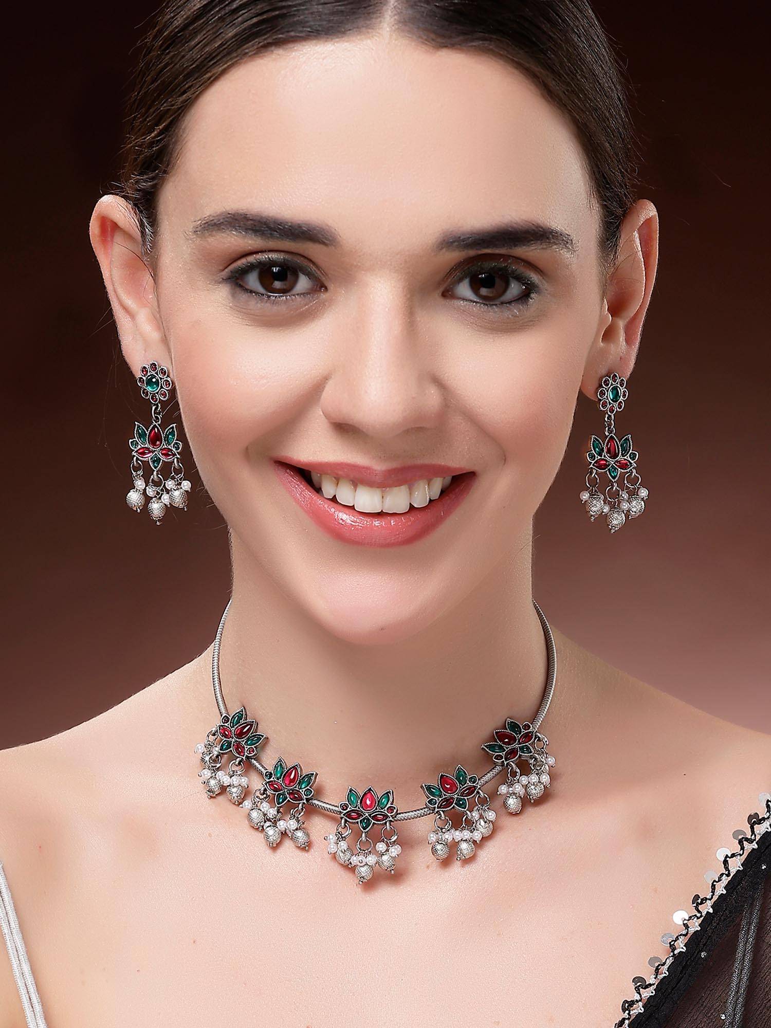 Karatcart Women Multi-Color Oxidized Silver Lotus Design Jewellery Set