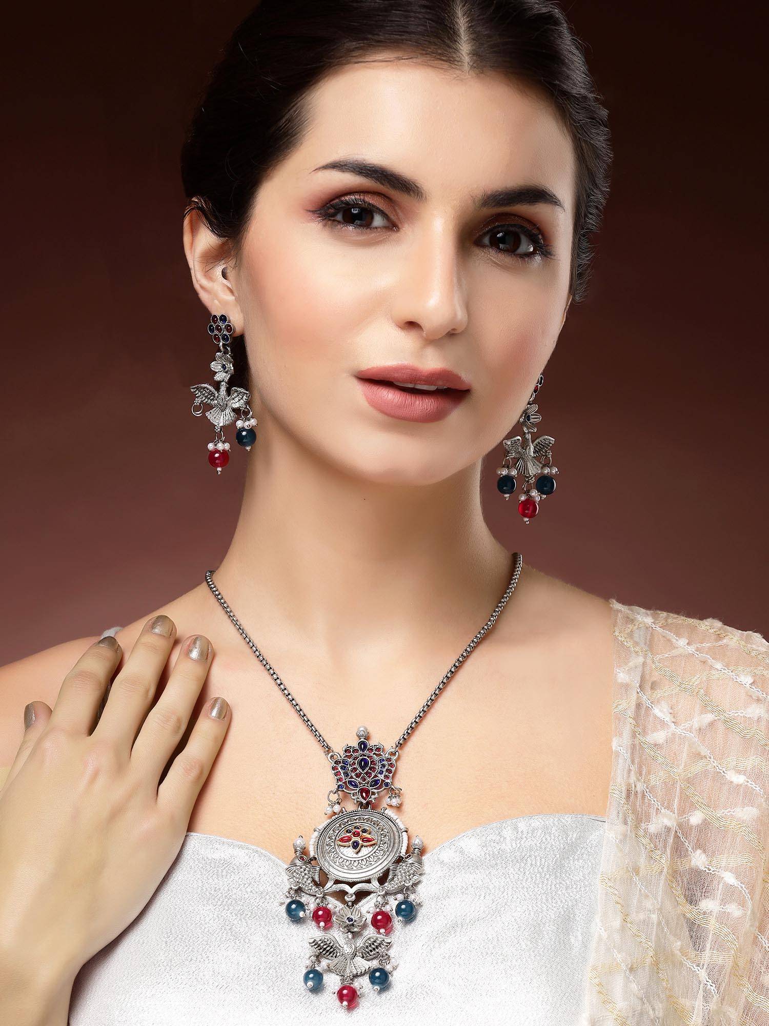 Karatcart Women Multi-Color Stone Oxidized Silver Jewellery Set