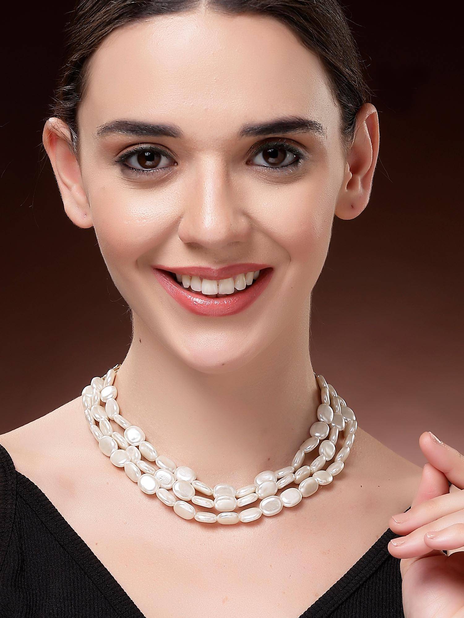 Karatcart Women Elegant White Flat Pearl Multi-Strand Gold-Plated Necklace