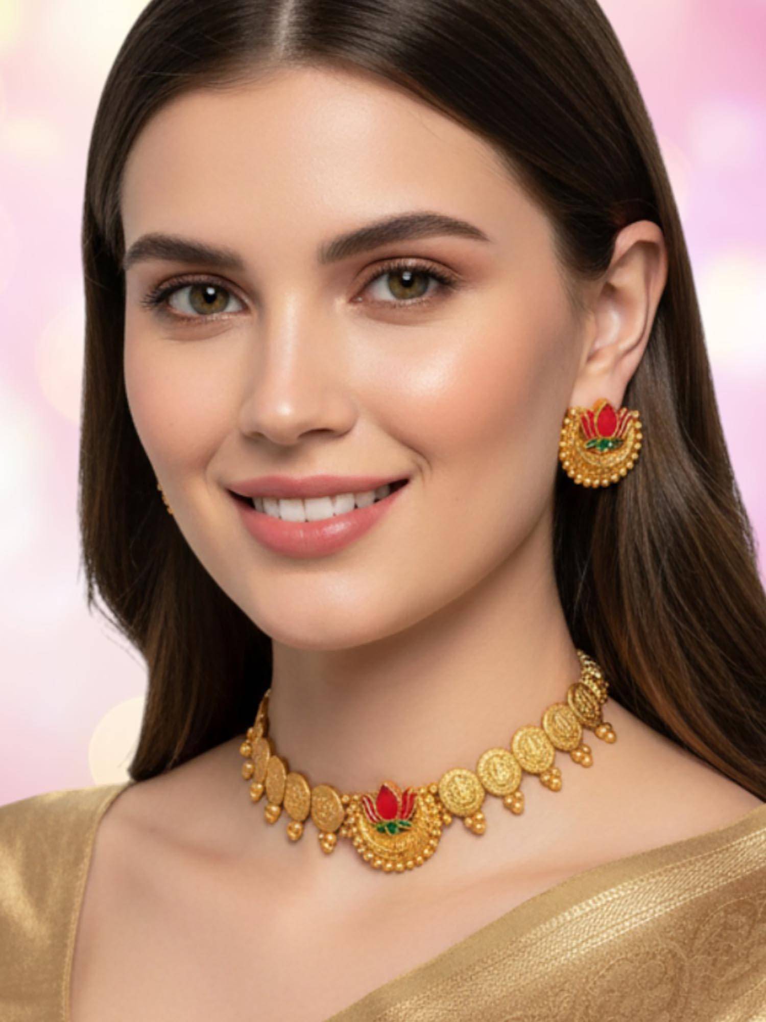 OOMPH Women Red-Green-Gold Laxmi Coin Choker Jewellery Set
